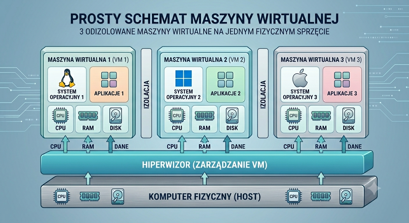 Trzy odizolowane od siebie maszyny wirtualne działające na jednym serwerze. Obrazek wygenerowany przez Gemini